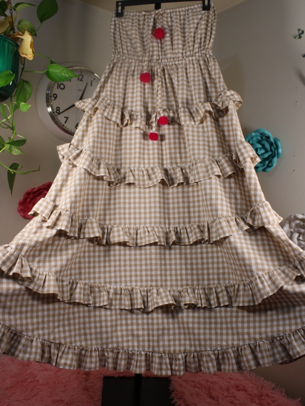 Sundress Anthropologie Beige Gingham Strapless Tiered Maxi Dress MSRP $170 XS/S